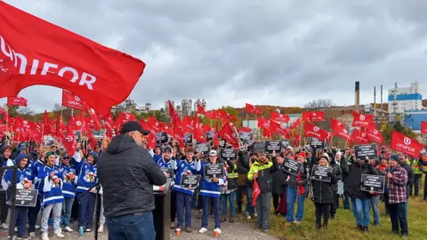 Supplied/Stéphane Lefebvre Témiscaming residents hold a union-led rally to support the mill's workers - participants hold red union flags and some have uniform blue jackets - a man wearing a cap addresses them from a podium.