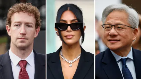 Reuters Meta head Mark Zuckerberg, Skims cofounder and reality television star Kim Kardashian and Nvidia CEO Jensen Huang in side by side photos