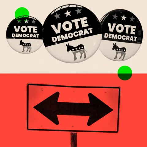 BBC A split image of three badges saying 'Vote Democrat' on the top and two arrows pointing in opposite directions on the bottom
