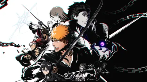 Bandai Namco Artwork for bleach shows Ichigo Kurosaki at the centre of a collection of nine characters from Bleach. Each one is stylised and has a distinctive garment or feature. A diagonal line cuts through the middle of the picture, dividing the group into "light" and "dark" sides.