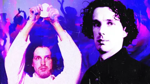 BBC/Jon Jones/Nine O'Clock Trust A composite image shows two pictures of Chris Brain over a backdrop of a blue and purple rave-like party scene. On the left, Chris Brain is pictured holding a piece of communion bread over his head during a service. On the right is a portrait of him looking at the camera. He has long, dark, curly hair.