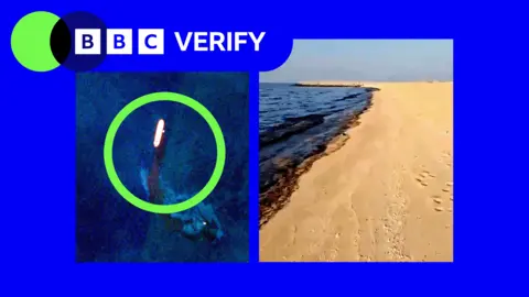 BBC BBC Verify graphic combining evidence of an oil spill in the UAE. On the left, a satellite image shows a tanker leaking a dark plume into the sea, highlighted with a green circle. On the right, a photograph shows oil staining the shoreline of a sandy beach in the northern UAE. 