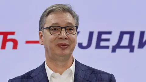 EPA/Shutterstock Aleksandar Vučić makes a speech in Belgrade, conceding defeat in snap parliamentary elections. Photo: 27 October 2026