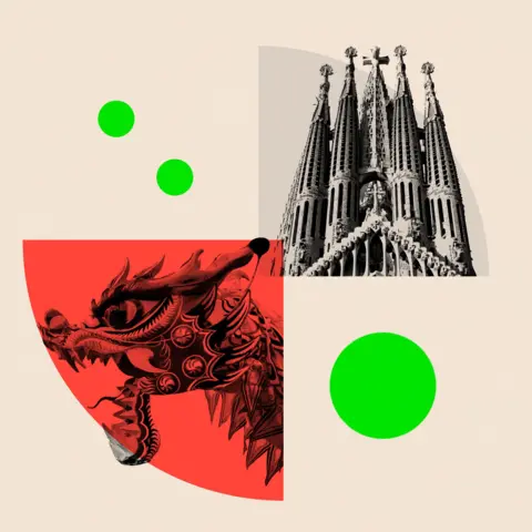 BBC A composite image of Barcelona's Sagrada Familia and a Chinese style dragon