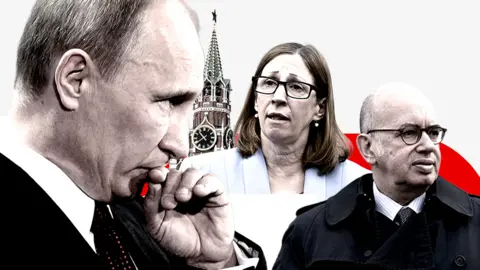 BBC/Getty Images Vladimir Putin, former US Ambassador to Russia Lynne Tracy, and former French Ambassador to Russia Pierre Levy in front of the Kremlin's Spasskaya Tower.