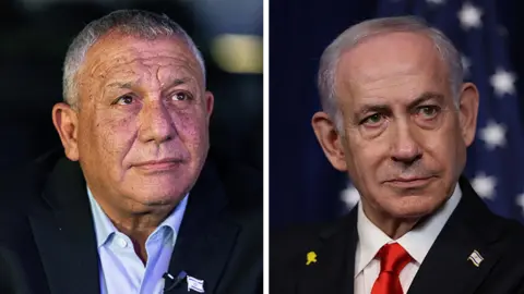 Reuters / Getty Images Two men wearing suits look ahead. It is Gadi Eisenkot and Benjamin Netanyahu in a composite image.